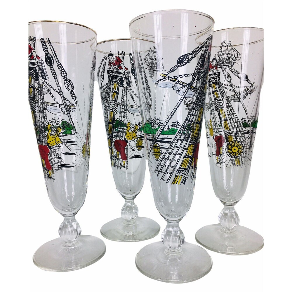 VTG 60s MCM Treasure Island Libbey 10oz Pilsner Beer Water Set of Four Glasses